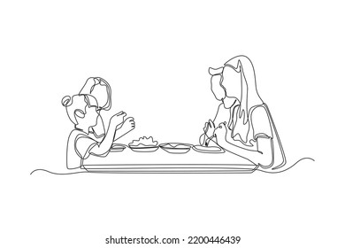 Single one line drawing family on thanksgiving dinner. Thanks giving concept. Continuous line draw design graphic vector illustration.