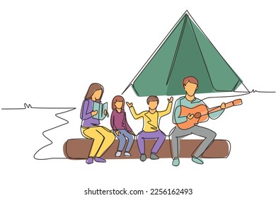 Single one line drawing family fun at summer camping spending time together. Dad playing guitar and sing with son. Mom reading story book with daughter. Continuous line draw design vector illustration