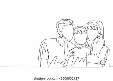 Single one line drawing a family sitting, a boy stroking his parents' cheek. Understanding each other and giving warmth. Apology. Forgive Mom and Dad Day. Continuous line design graphic illustration