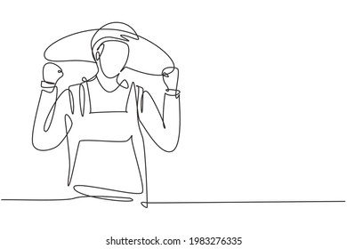 Single one line drawing farmer with celebrate gesture wearing straw hat and farm uniform to work on the farm. Success business concept. Modern continuous line draw design graphic vector illustration