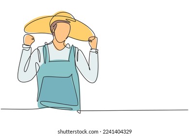 Single one line drawing farmer with celebrate gesture wearing straw hat and farm uniform to work on the farm. Success business concept. Modern continuous line draw design graphic vector illustration