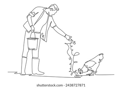 Single one line drawing of farmer feeding chickens. Farming challenge minimal concept. Continuous line draw design graphic vector illustration.