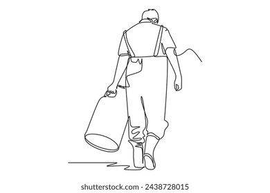 Single one line drawing of farmer holding a container of milk. Farming challenge minimal concept. Continuous line draw design graphic vector illustration.