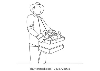 Dibujo de una sola línea del agricultor que sostiene una caja de verduras orgánicas frescas. La agricultura desafía el concepto mínimo. Diseño de línea continua ilustración vectorial gráfica.