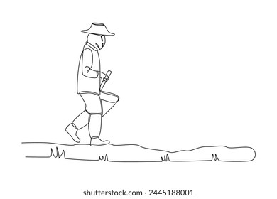 Single one line drawing of A farmer is preparing land and seeds for planting. Farming challenge minimal concept. Continuous line draw design graphic vector illustration.
