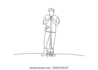 Single one line drawing of A farmer uses equipment to make gardening easier. Farming challenge minimal concept. Continuous line draw design graphic vector illustration.