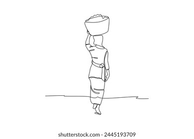 Single one line drawing of A farmer carries his harvest using a bucket. Farming challenge minimal concept. Continuous line draw design graphic vector illustration.