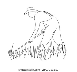 Dibujo de una sola línea de Un agricultor utiliza equipos para hacer que la jardinería sea más fácil. La agricultura desafía el concepto mínimo. Ilustración vectorial gráfica de diseño de dibujo de línea continua.