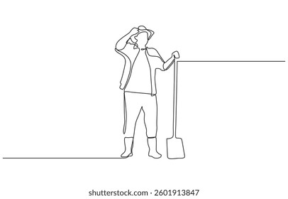 Single one line drawing of farmer with gesture okay wearing straw hat and carrying shovel to work on the farm, One line drawing female farmer stood with gesture okay.