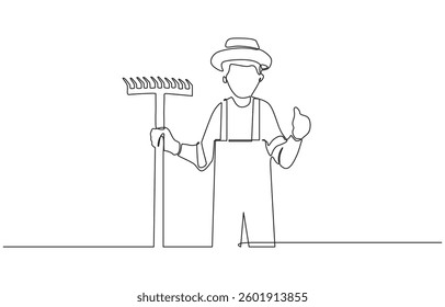 Single one line drawing of farmer with gesture okay wearing straw hat and carrying shovel to work on the farm, One line drawing female farmer stood with gesture okay.