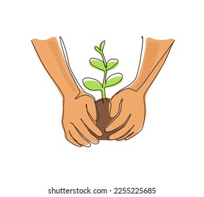 Single one line drawing farmer's hands growing young tree, save world, heal world, love nature. Ecology sapling tree growing up and planting on land. Continuous line draw design vector illustration