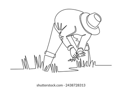 Single one line drawing of farmers rice planting working. Farming challenge minimal concept. Continuous line draw design graphic vector illustration.