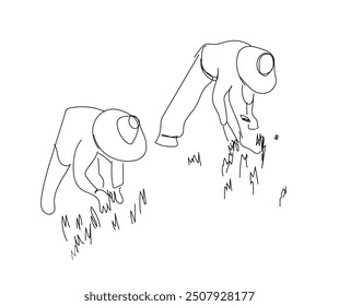 Single one line drawing of farmers rice planting working. Farming challenge minimal concept. Continuous line draw design graphic vector illustration.