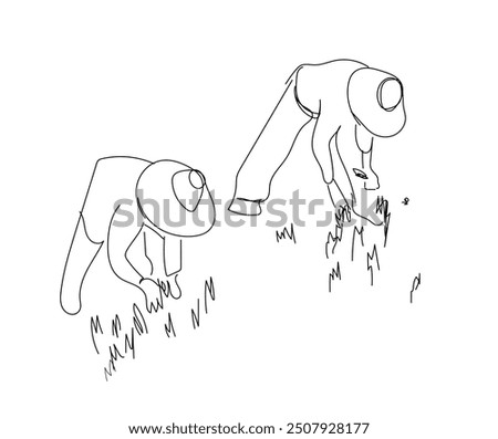 Single one line drawing of farmers rice planting working. Farming challenge minimal concept. Continuous line draw design graphic vector illustration.