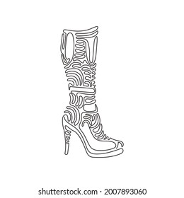 Single one line drawing fashionable women's boots. Autumn and winter female footwear. Knee high boots. Swirl curl style concept. Modern continuous line draw design graphic vector illustration
