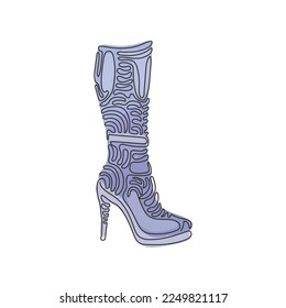 Single one line drawing fashionable women's boots. Autumn and winter female footwear. Knee high boots. Swirl curl style concept. Modern continuous line draw design graphic vector illustration