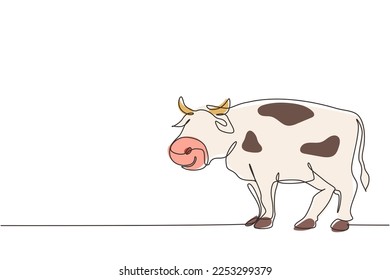 Una sola línea dibujando vaca gorda para la identidad del logo de la cría. Concepto de mascota animal mamífero para ícono de ganado. Carne de vaca lechera y carne de res. Ilustración gráfica de diseño de trazos de línea continua