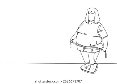 Single one line drawing a fat woman ties her stomach with a measuring tape standing on a scale. Too much sweet consumption. Over. Weights and Measures Day. Continuous line design graphic illustration
