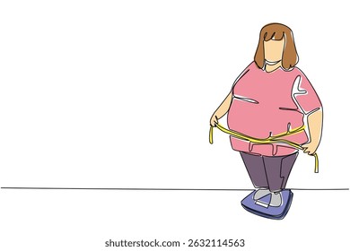 Single one line drawing a fat woman ties her stomach with a measuring tape standing on a scale. Too much sweet consumption. Over. Weights and Measures Day. Continuous line design graphic illustration