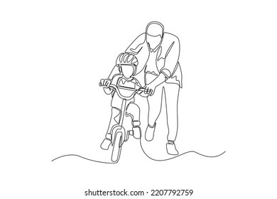 Una sola línea dibujando a un padre aprendiendo a su hijo a andar en bicicleta. Concepto de tiempo familiar. Ilustración gráfica de vector de diseño de línea continua.