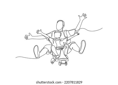 Single one line drawing Father and son playing with go kart on the road. Family time concept. Continuous line draw design graphic vector illustration.