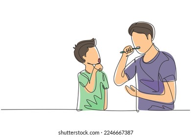 Single one line drawing father teaching his son teeth brushing in bathroom. Routine habits for cleanliness and health of mouth and teeth. Modern continuous line draw design graphic vector illustration