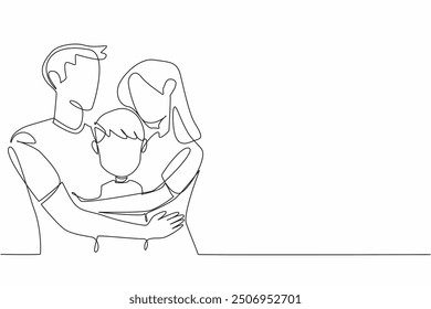 Single one line drawing father and mother hug beloved son. Promised something with applicable terms and conditions. Seduction. Forgive Mom and Dad Day. Continuous line design graphic illustration