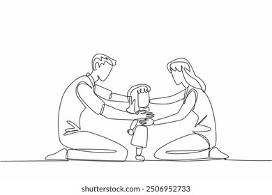 Single one line drawing father and mother kneeling hug daughter from front and back. Time flies so fast. Child continue to grow. Forgive Mom and Dad Day. Continuous line design graphic illustration