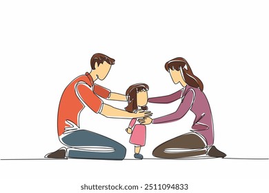 Single one line drawing father and mother kneeling hug daughter from front and back. Time flies so fast. Child continue to grow. Forgive Mom and Dad Day. Continuous line design graphic illustration