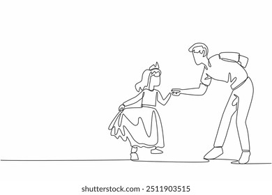 Single one line drawing father bends down holding his posing daughter. Role playing as princess. A role model for her daughter. National Single Parent Day. Continuous line design graphic illustration