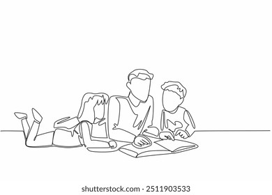 Single one line drawing father lying down reading book with son and daughter. Parenting by reading useful books. Taking wisdom. National Single Parent Day. Continuous line design graphic illustration