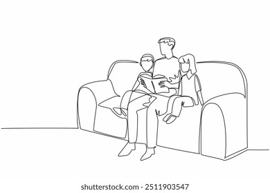 Single one line drawing father reading a book while hugging his daughter and son. Inspirational story of children. Good example. National Single Parent Day. Continuous line design graphic illustration