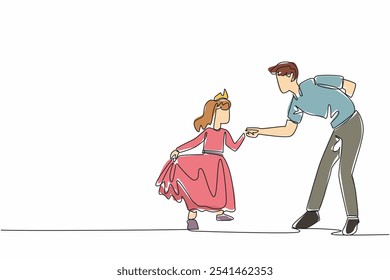 Single one line drawing father bends down holding his posing daughter. Role playing as princess. A role model for her daughter. National Single Parent Day. Continuous line design graphic illustration