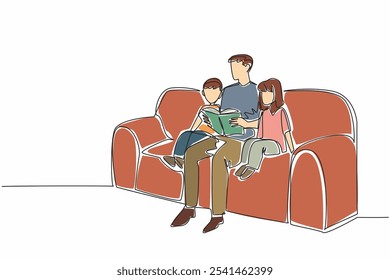 Single one line drawing father reading a book while hugging his daughter and son. Inspirational story of children. Good example. National Single Parent Day. Continuous line design graphic illustration