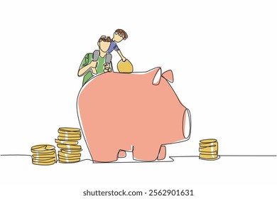 Single one line drawing father carries his son on his shoulders to teach the importance of saving. Financial planning. National Teach Children to Save Day. Continuous line design graphic illustration