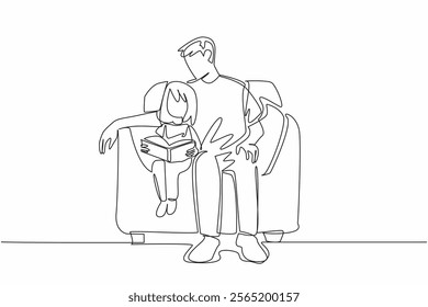 Single one line drawing a father sits on a single sofa with his daughter who is reading a book. Spending the weekend together. National Pet Parents Day. Continuous line design graphic illustration