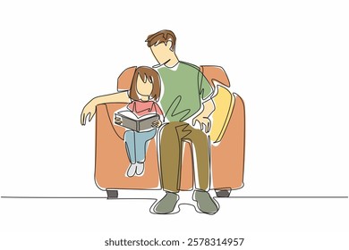 Single one line drawing a father sits on a single sofa with his daughter who is reading a book. Spending the weekend together. National Pet Parents Day. Continuous line design graphic illustration