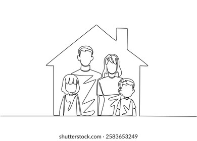 Single one line drawing father, mother, son, daughter in the house. Best care for children is from both parents. The best love. National Foster Care Day. Continuous line design graphic illustration