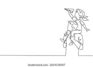 Single one line drawing father carrying his daughter on his shoulders and the child holding a paper airplane. Made a toy plane. International Day of Boys. Continuous line design graphic illustration