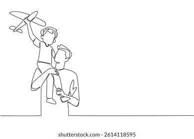 Single one line drawing father carrying his son on his shoulders and the child holding a toy airplane. Keeping ideals high. International Day of Boys. Continuous line design graphic illustration