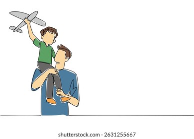 Single one line drawing father carrying his son on his shoulders and the child holding a toy airplane. Keeping ideals high. International Day of Boys. Continuous line design graphic illustration