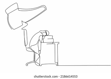 Single one line drawing fatigue Arabian businessman sleeping pile papers under big foot stomp  Tired exhausted deadline overloaded worker  Continuous line draw design graphic vector illustration