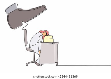 Single one line drawing fatigue Arabian businessman sleeping on pile of papers under big foot stomp. Tired exhausted deadline overloaded worker. Continuous line draw design graphic vector illustration