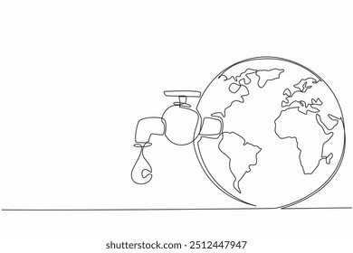 Uma única linha desenhando a torneira é anexada ao globo e goteja água. Aproveite ao máximo a pureza da água. Não pode ser um desperdício. Dia Mundial da Água. Ilustração gráfica de design de linha contínua