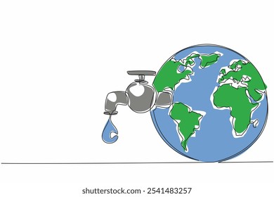 Uma única linha desenhando a torneira é anexada ao globo e goteja água. Aproveite ao máximo a pureza da água. Não pode ser um desperdício. Dia Mundial da Água. Ilustração gráfica de design de linha contínua