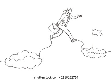 Single one line drawing fearless brave businesswoman make risk by jump over clouds to reach her success target or flag. Challenge of her career. Continuous line draw design graphic vector illustration