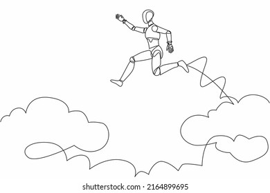 Single one line drawing fearless brave robot make risk by jump over clouds to reach his success. Future technology. Artificial intelligence. Continuous line draw design graphic vector illustration