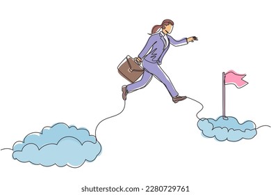 Single one line drawing fearless brave businesswoman make risk by jump over clouds to reach her success target or flag. Challenge of her career. Continuous line draw design graphic vector illustration
