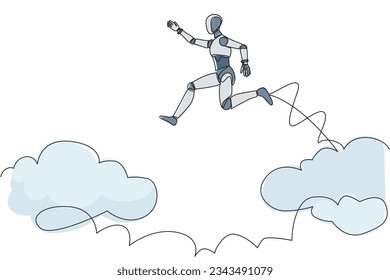 Single one line drawing fearless brave robot make risk by jump over clouds to reach his success. Future technology. Artificial intelligence. Continuous line draw design graphic vector illustration