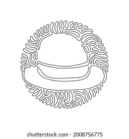 Single one line drawing fedora hat, side view, with tan leather band. Wool, felt fabric. Men head accessory. Swirl curl circle background style. Continuous line draw design graphic vector illustration